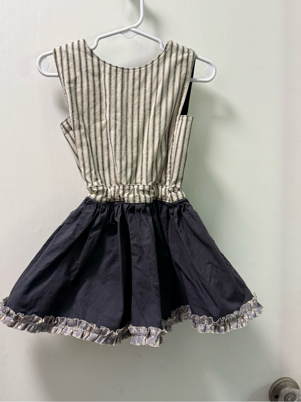 Girls' Striped Ivory & Black Ruffle Hem Casual Dress